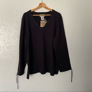 NWT Route 66 Women’s Sweater | Top | Beaded | SIZE 3X | Black | Draw String Slv.